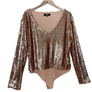 Lucky & Blessed L&B Women's Rose Sequin V Neck Long Sleeve Lined Body Suit 2X
